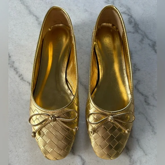 SCHUTZ Gold Woven Ballet Flats with Bow Accent - Picture 3 of 6